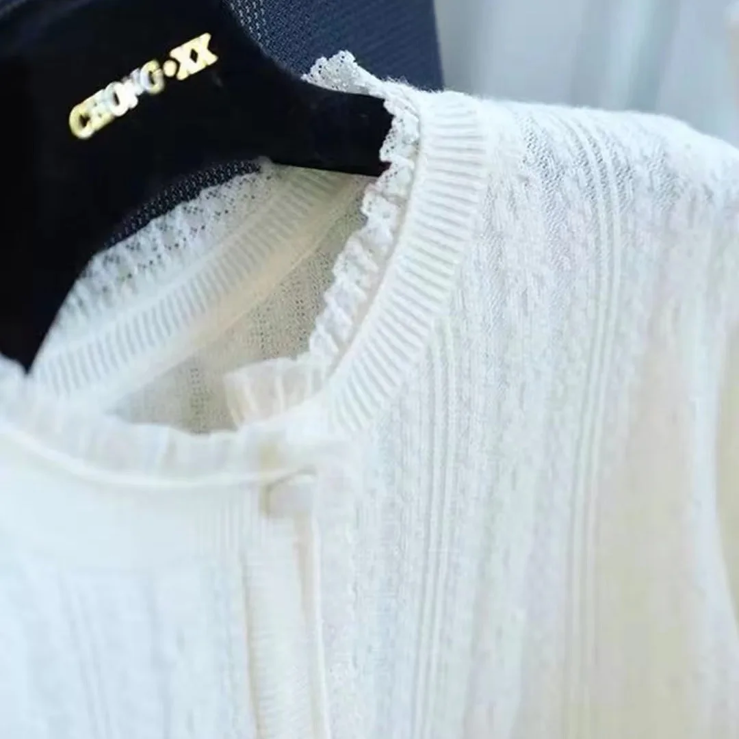 Sweet Style Loose Fit Cashmere Knitted Sweater Women's round Neck Hollow out Bell Sleeve Inner Wool Shirt Coat with Lace  view 5