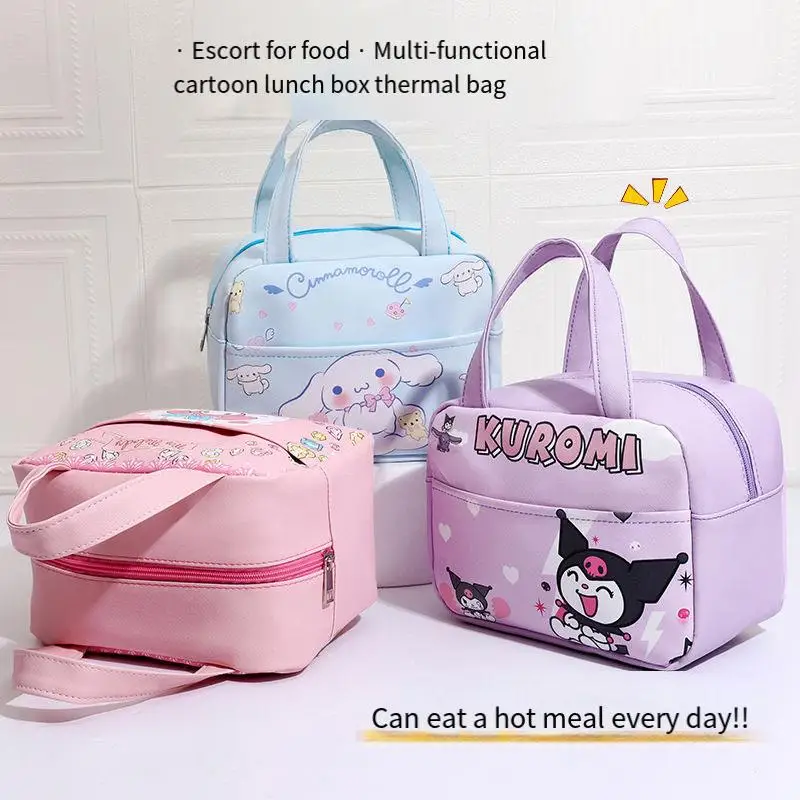 Sanrio Cartoon Bento Bag Kuromi Large Capacity Student Lunch Bag My Melody Hellokitty Cute Girls Simple Double Insulated Tote