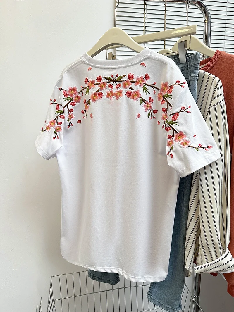 Camiseta Extra Grande de 300 Pou, Súper Hermosa y Única, Camiseta Holgada con Bordado Pesado para Mujer, para el Verano de 2024