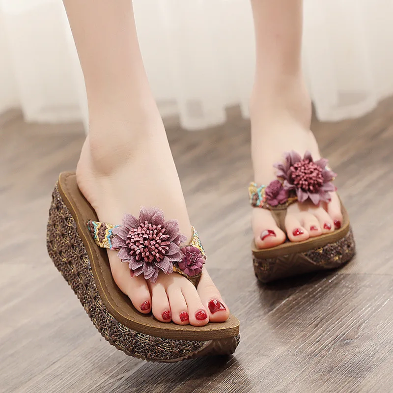 Flowers High-heeled Slippers 7cm Women Summer Sandals Thick Bottom Outside Beach Shoe Female Fashion Seaside Antiskid Flip-flops