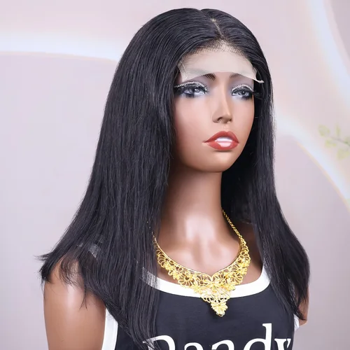 Imagen 2 del producto Pelucas de cabello humano negro Natural, Bob corto, 200% de densidad, 4x4, pelucas frontales de encaje de cabello humano vietnamita liso transparente de 8-14 pulgadas