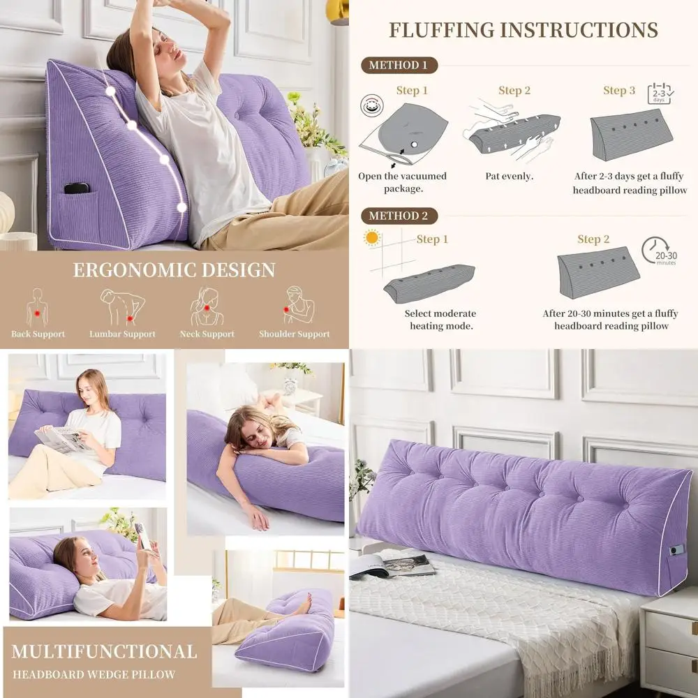 

Purple King-Size Wedge Pillow Headboard for Bed Sitting, Reading Support with Removable Cover