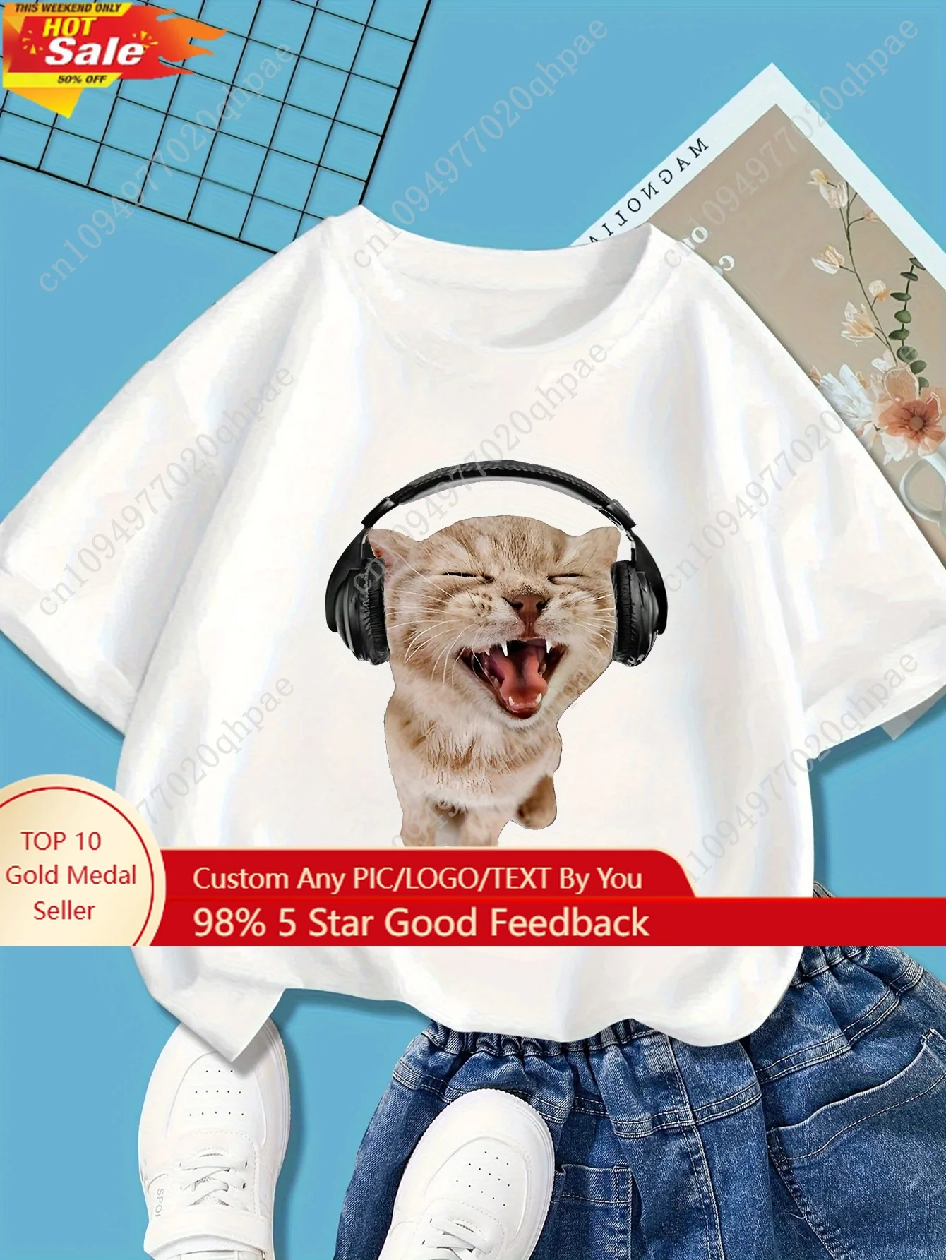 

Funny Cartoon Cat Headphones Printed Girls' Summer Pure Cotton Casual Short Sleeved Children's Fun Fashion Clothing