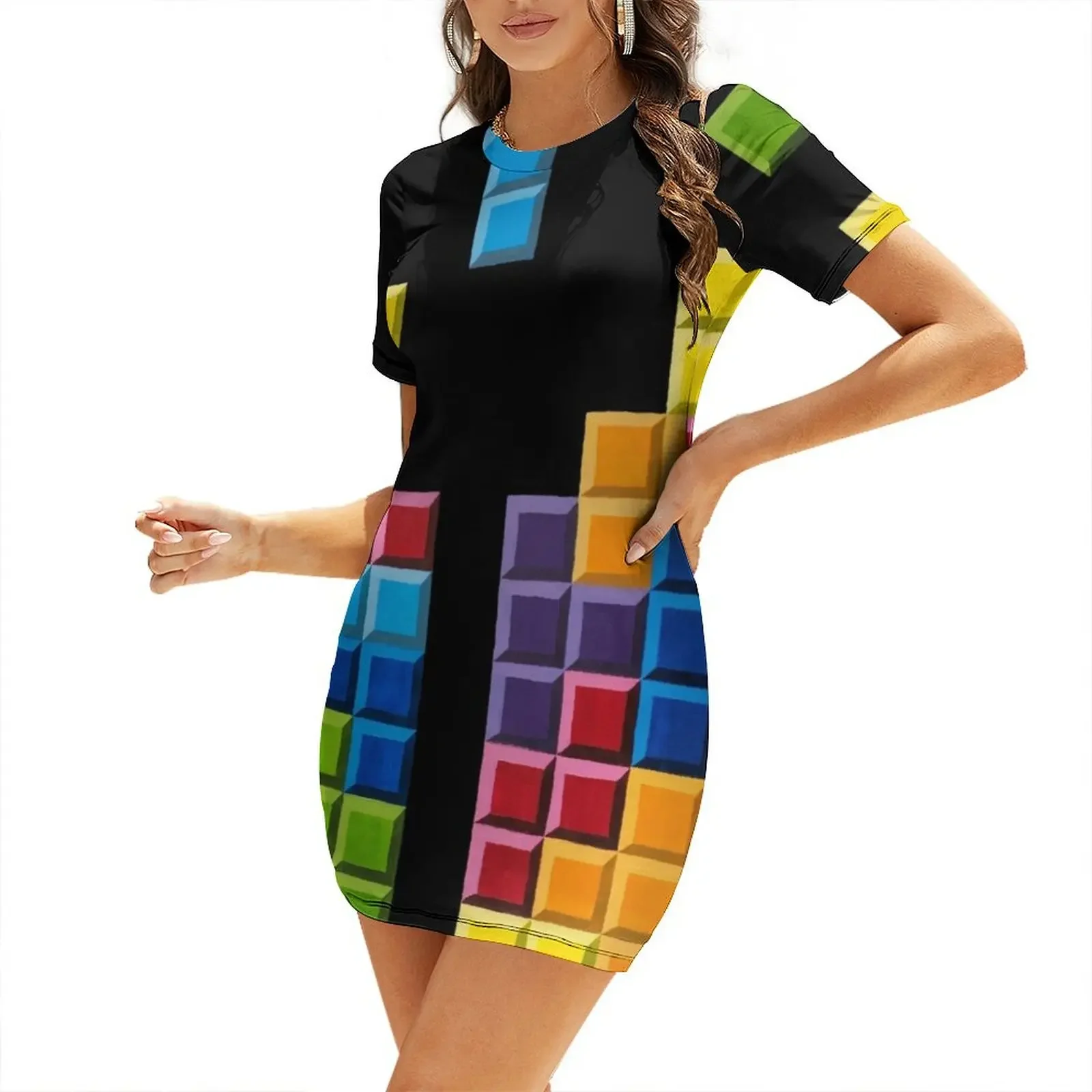 

Blocks Short-Sleeved Dress elegant guest wedding dress Clothing Long dress woman chic and elegant evening