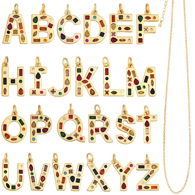 Initial Letter Necklace 18K Gold - Modny, kolorowy wisiorek z cyrkonią, pozłacany