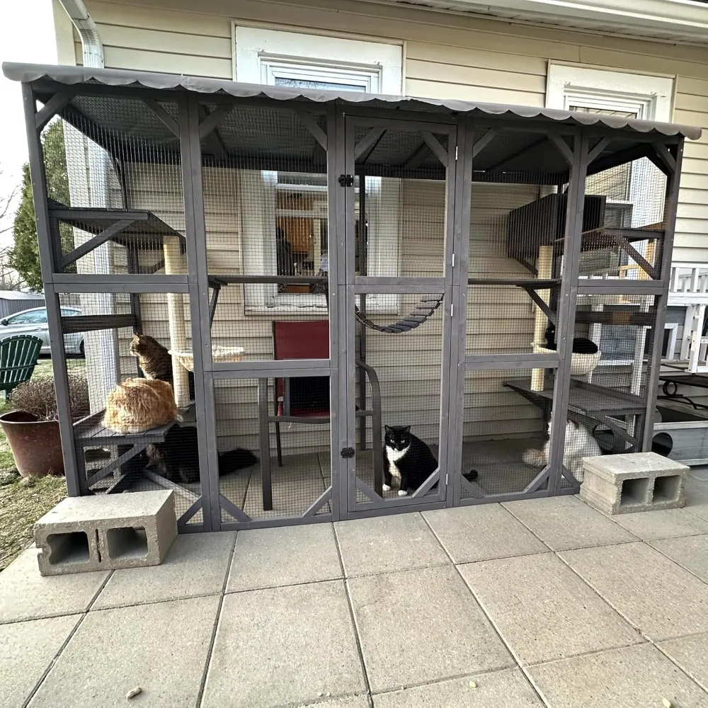 

Outdoor Cat Enclosure Window Cat House Wall Mounted Wooden Cat Cage with Scratching Posts, Resting Box
