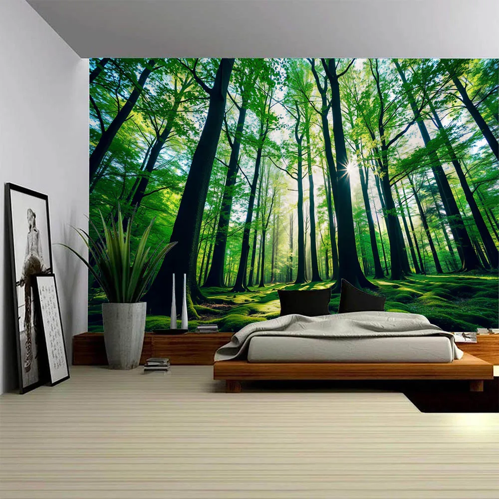 Forest Green Misty Sunshine Tapestry Wall Decoration Aesthetic Fabric Mural for Bedroom Living Room Hanging Poster