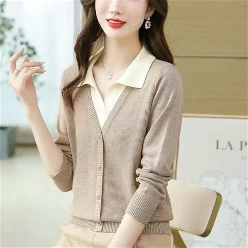 Damski sweter rozpinany w stylu vintage, gruby, z kołnierzem, luźny, wyszczuplający, z kontrastowymi kolorami, kurtka na jesień i zimę 2023