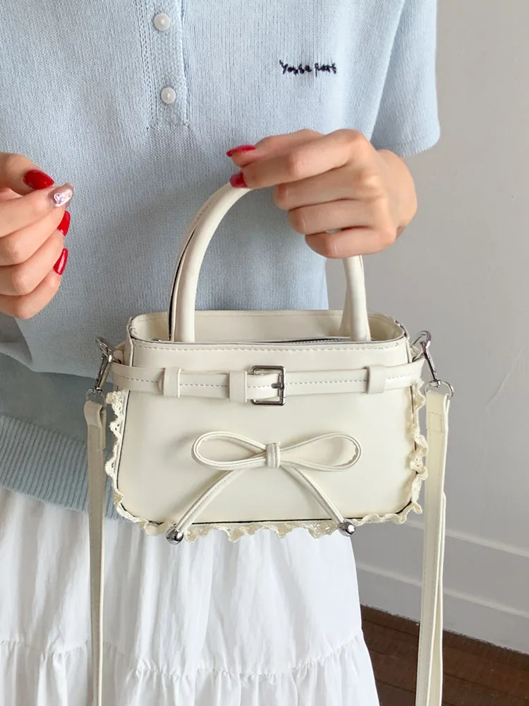 

Korean Edition Lace Splicing Bow Handbags Women's Chic Belt Buckle Design Square Shoulder Bag Trend Texture Messenger Bags
