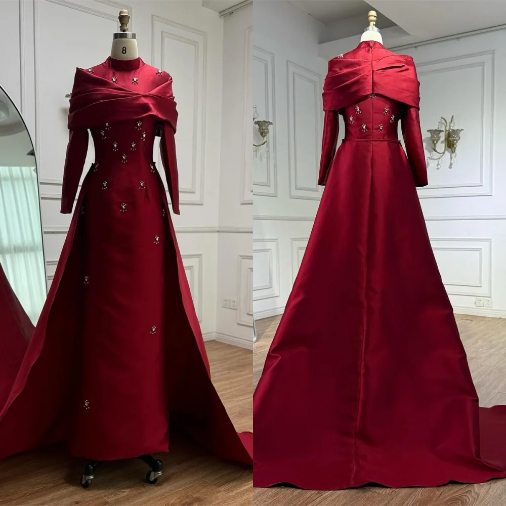 

Customized Formal Burgundy Satin Evening Dress Delicate High Neckline Long Sleeves Zipper Back Crystal Special Occasion Gowns