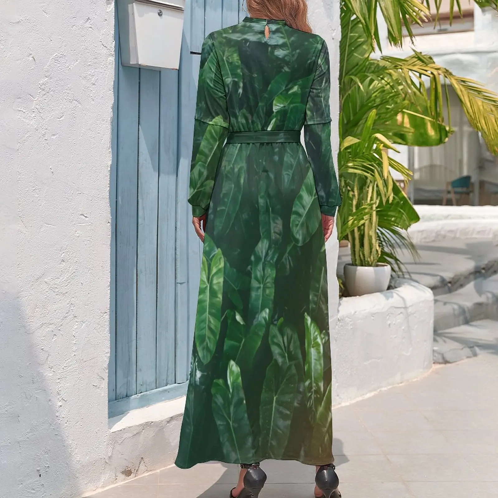 Tropical Leaves Dress Elegant Palm Leaf Print Stylish Boho Beach Dresses Women Long Sleeve High Neck Sexy Long Maxi Dress