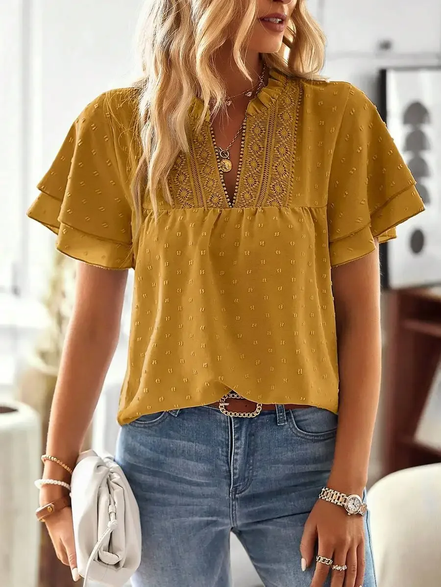 

Mustard Yellow Lace Embroidered Notched Neck Short Sleeve Blouse