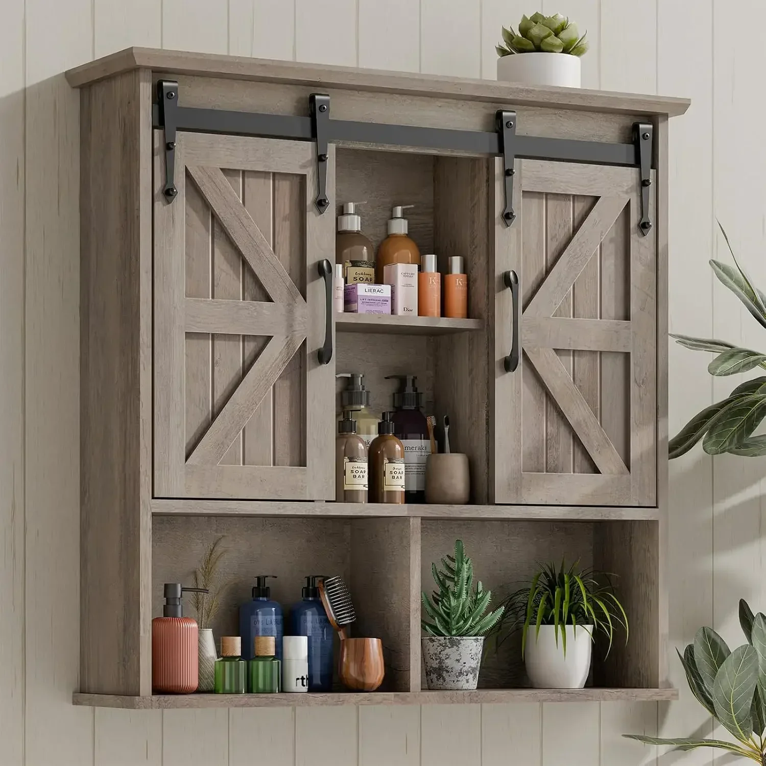 Bathroom Wall Cabinet, Farmhouse Wooden Medicine Cabinet with Double Sliding Barn Door and Adjustable Shelves, Farmhouse Storage