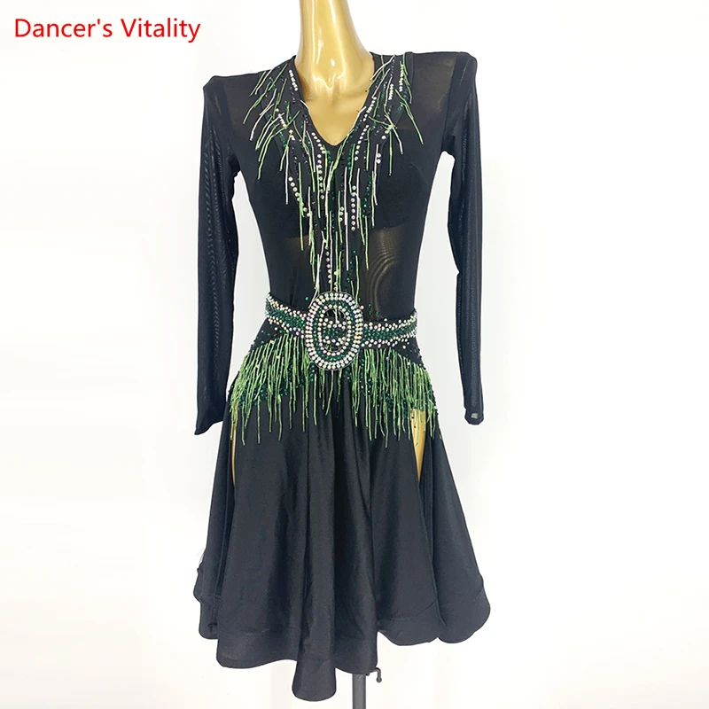 Adult Latin dance performance clothes cusomzied adult child Latin dancing competition long sleeves skirt chacha fringe dresses