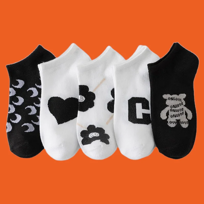 

5/10 Pairs Women Black and White Women Socks Summer Simple Shallow Mouth Women Short Socks Women Boat Socks Cute Low Top Socks