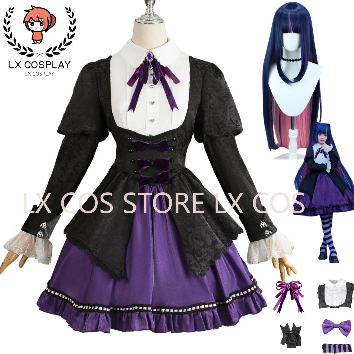 Anime Panty & Stocking with Garterbelt Stocking·Anarchy Cosplay Costume Wig Purple Evening Dress Lolita Woman Lovely Party Suit