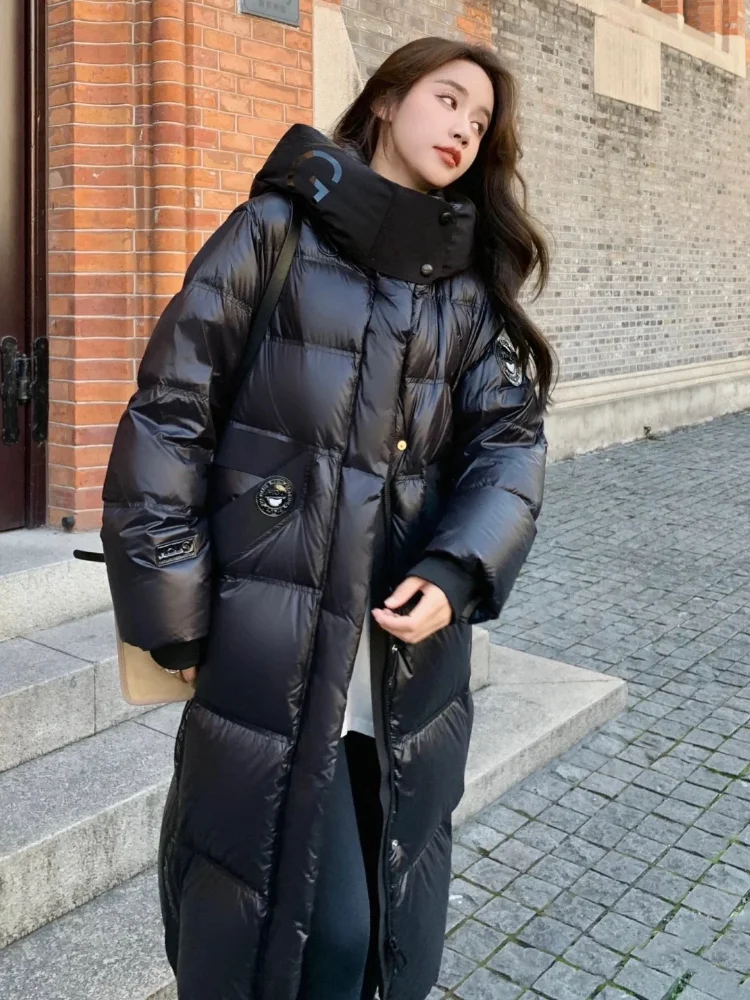 Hooded Puffer Coats for Women, Casual Loose Warm Coats, Down Trend, Glossy Streetwear, Fashion, Winter, 2024