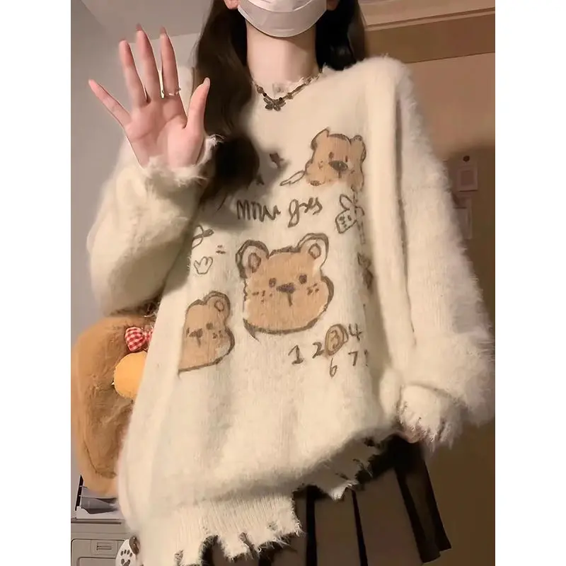 QWEEK Y2k Bear Print Sweater Knitted Soft Pullovers Women Long Sleeve Autumn Winter Korean Style Casual Loose Hooded Outerwears