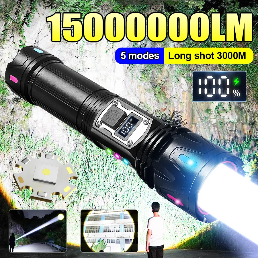 

Новый 15000000LM высокой мощности светодиодный фонарь 18650 аккумуляторный светодиодный факел супер яркий 3000 м прожектор на открытом воздухе водонепроницаемый рабочий свет 5 режимов охоты кемпинг флуоресцентный факел