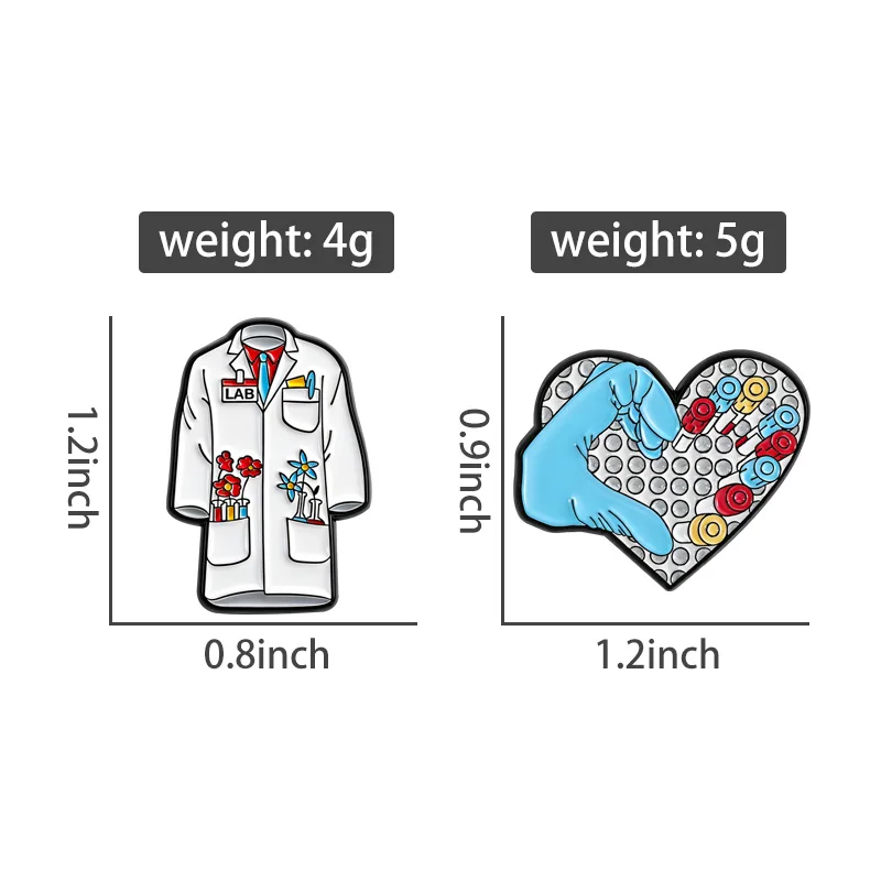 Cute Lab Themed Enamel Pins Lab Coat And Heart Test Tubes Metal Brooches Fashion Lapel Badge Backpack Clothes Jewelry Gift
