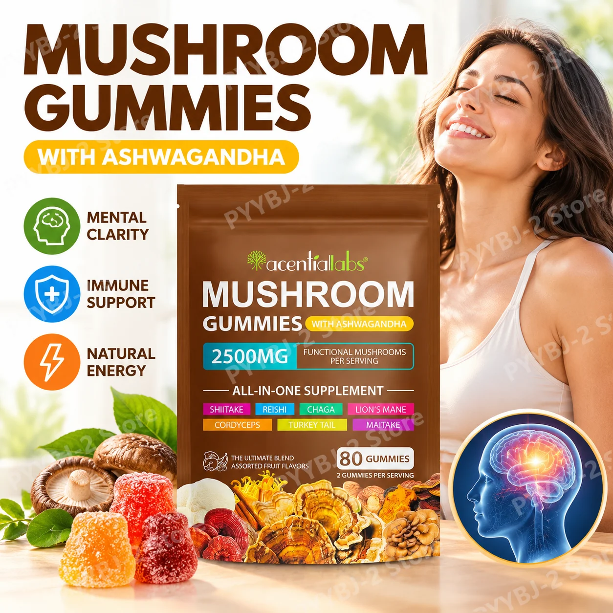 Mushroom Gummies with Ashwagandha, Mushrooms for Focus, Clarity & Memory Support, Vegan Gluten-Free Gelatin-Free, 80 Gummies