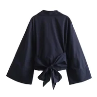 New Women's Fashion Casual Polo Neck Bow Tie up Short Edition Double Breasted Poplin Shirt - Image 3