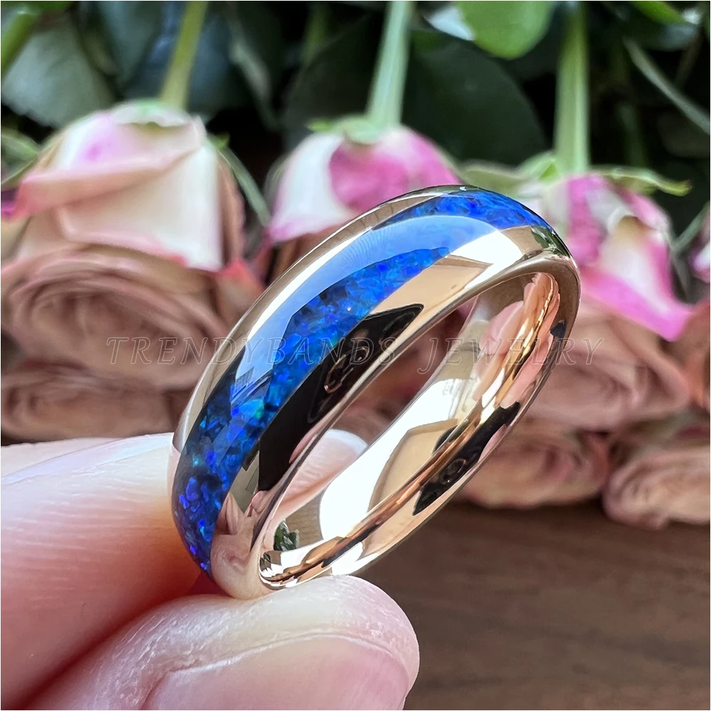 6 mm 8 mm Ringe für Männer und Frauen, Wolfram-Ehering, Modeschmuck, blaue Opal-Inlay, gewölbt, poliert, glänzend, bequeme Passform – Detail 18