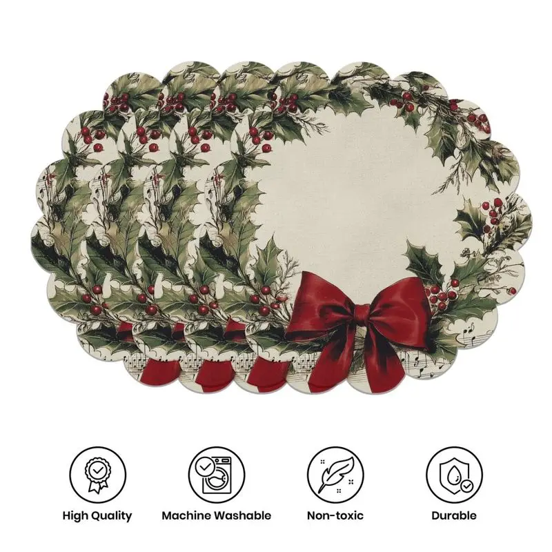 VIKAMA Retro Bow Christmas Lace Meal Mat Holiday Round Insulated Table Mat Wear resistant Plate Mat Home Table Decor Meal Mat