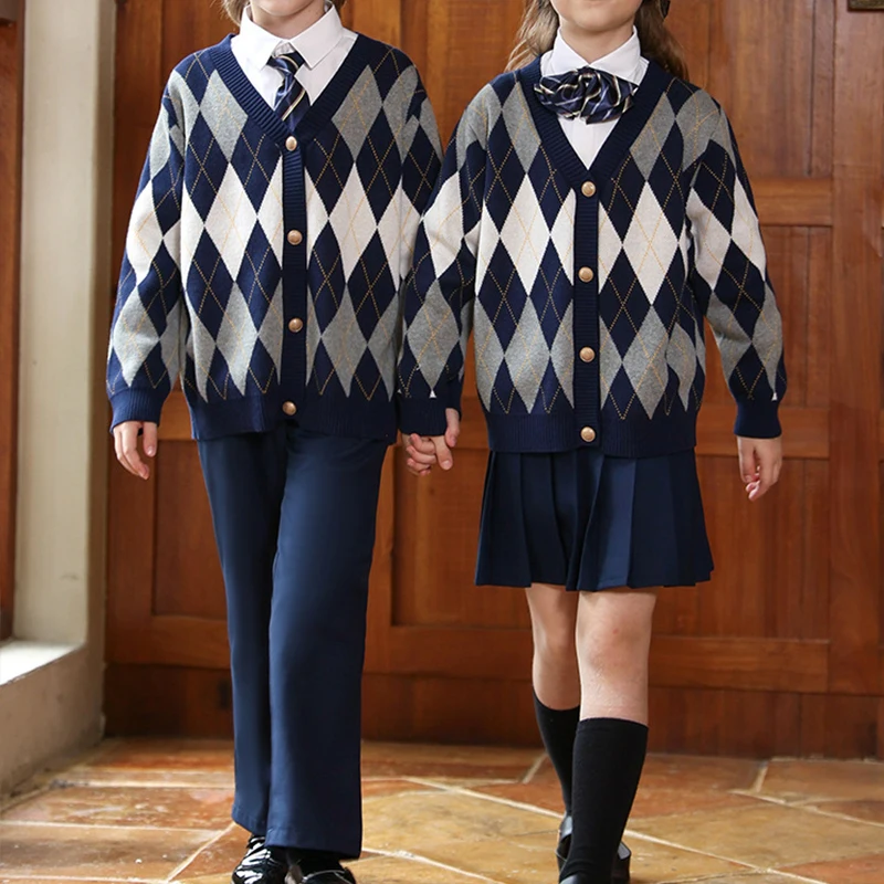 4 pezzi/set stile britannico autunno uniforme della scuola primaria maglione lavorato a maglia gonne abito stile college tuta da prestazione per asilo