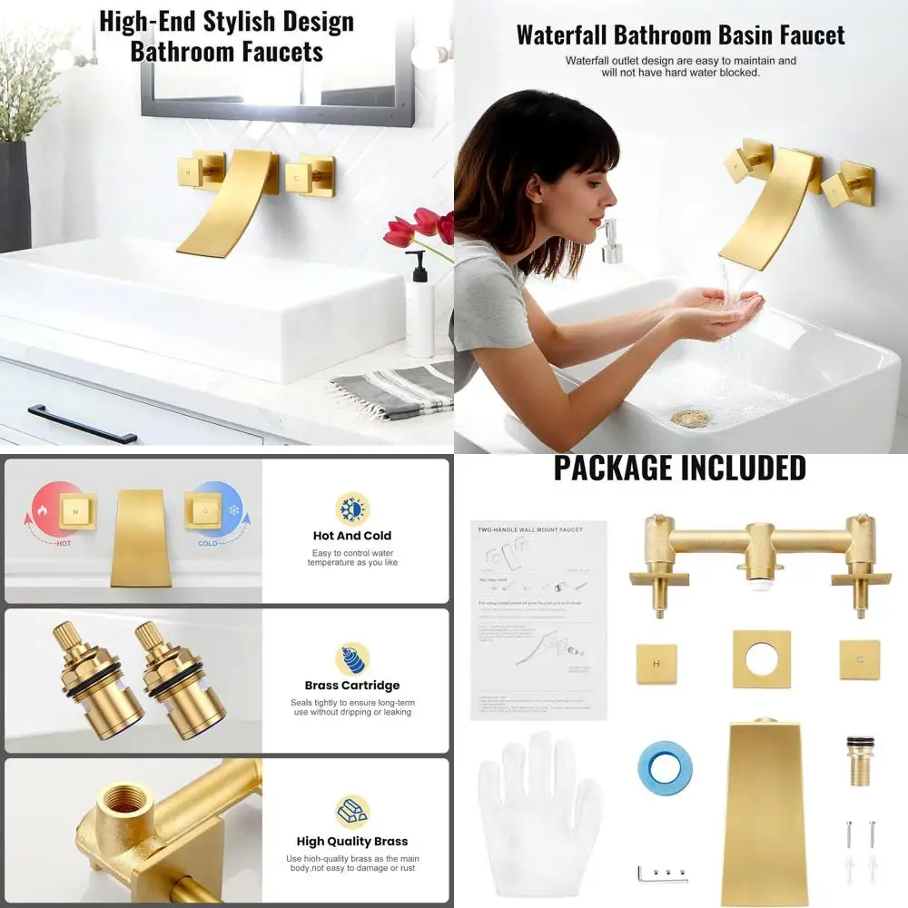Modern Dual Handle Wall Mount Sink Faucet for Vanity, Lavatory, and Restroom in Brushed Gold Finish with 3 Holes