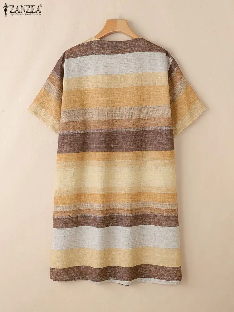 فستان تي شيرت مخطط بألوان متباينة فستان نسائي صيفي 2025 أنيق برقبة على شكل حرف v وأكمام قصيرة فساتين فضفاضة غير رسمية بطول الركبة ملابس يومية #2