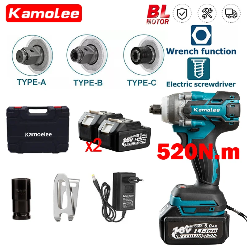 Kamolee 520N.M Brushless Cordless Electric Impact Wrench DTW285 Dual Function Power Tools Compatible with 18V Makita Battery