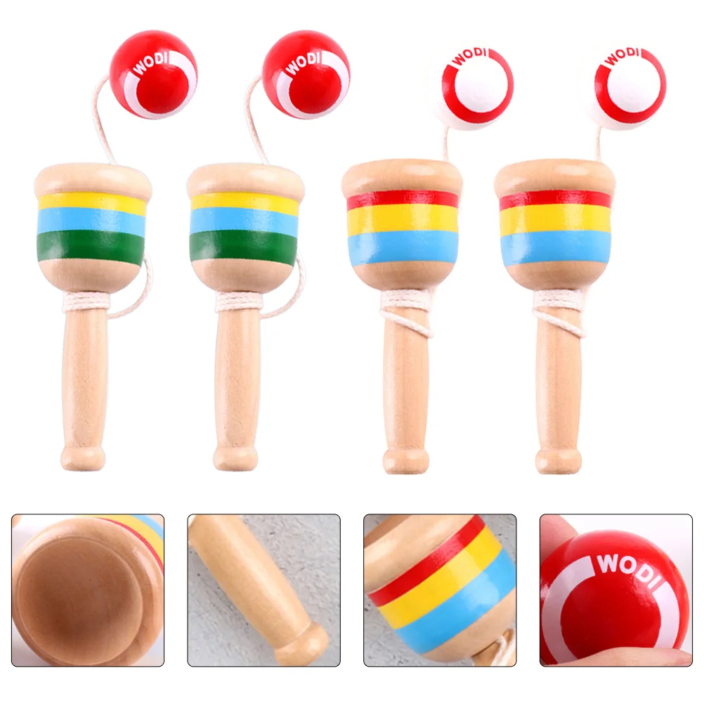 4 ชิ้นถ้วย Kendama ของเล่นเด็กสร้างสรรค์ปริศนาของเล่นไม้การประสานมือและตาของเล่น kendama ถ้วยของเล่นถ้วยและเกมบอล