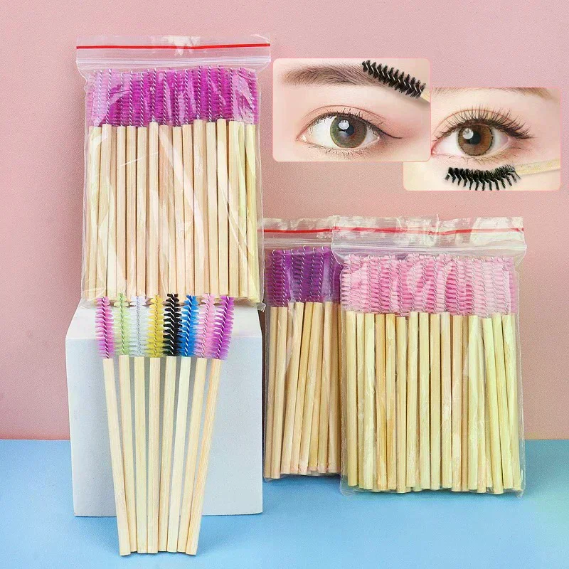 50Pcs Bamboo Handle Eyelash Brush Makeup Brush Eyelash Extension Mascara Wands Applicators Eye Lash Curling Comb Makeup Tool