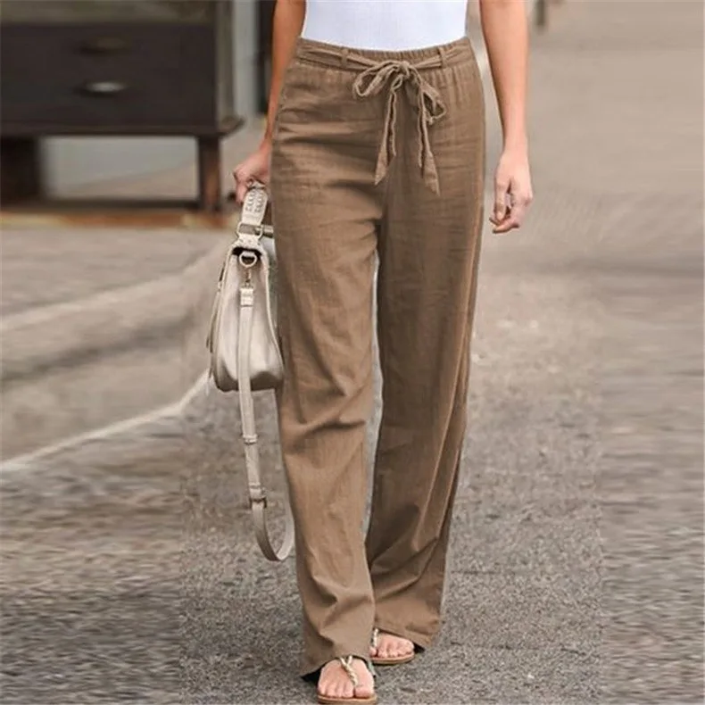 Women Cotton Linen Pants Casual Loose Solid Color Elastic Lace Up Waist Wide Leg Trousers Ladies Streetwear Straight Sweatpants