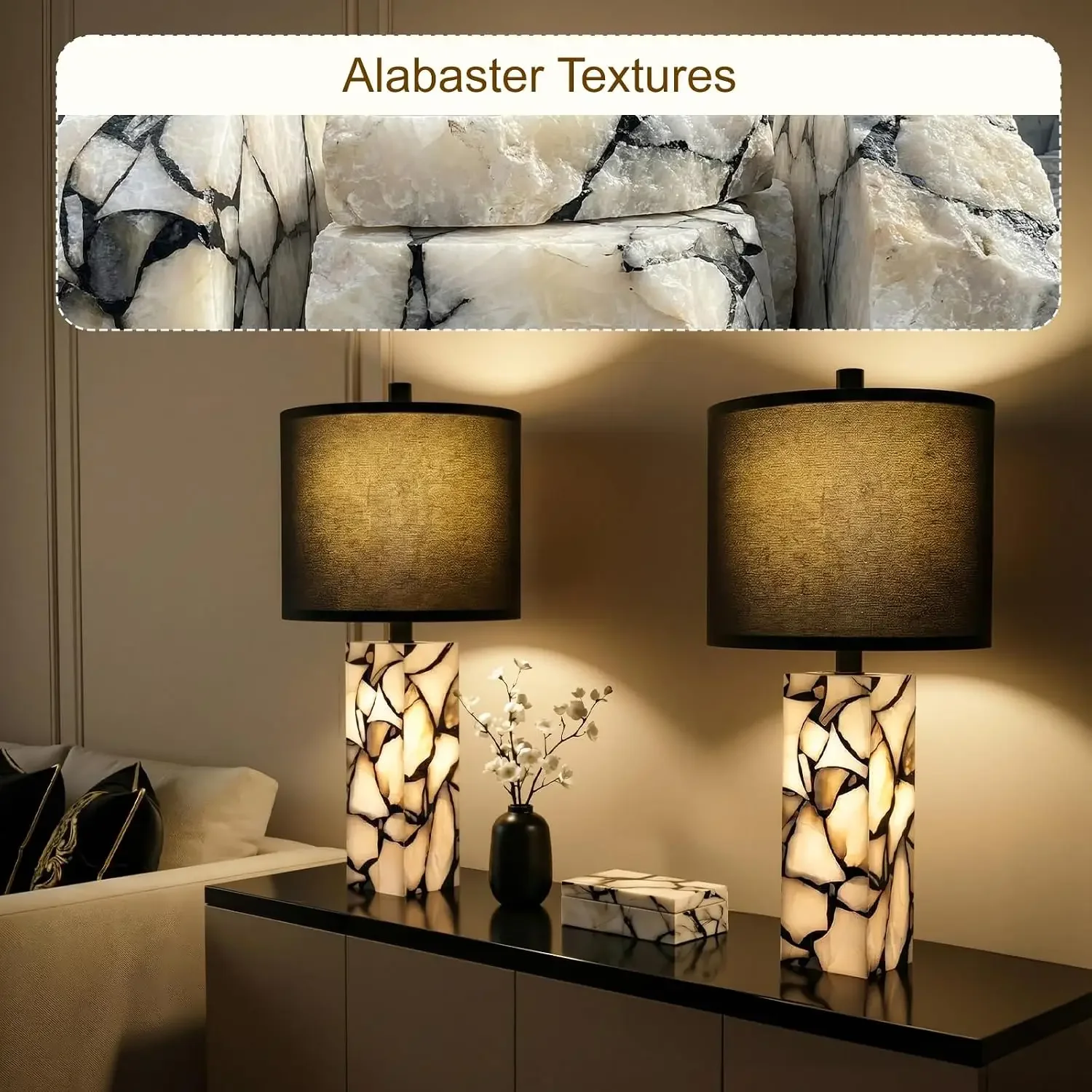 23" Alabaster Table Lamps Set of 2 with Night Light, Rotary Switch, Black Linen Shade, Bedside Lamp for Living Room, Bulb Included view 6
