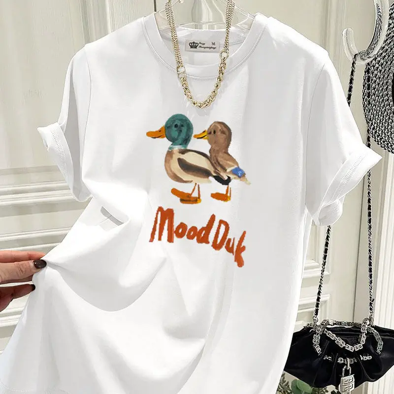 夏の漫画アヒル Tシャツ純粋な綿カジュアル基本ヴィンテージトップス女性服 O ネック半袖ファッションプリントプルオーバー