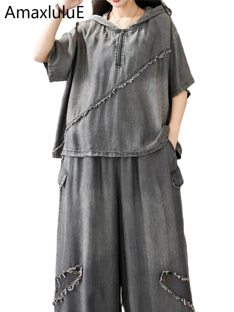 

Amax LuluE Korean Summer Women Loose 2 Pieces Sets Denim Suits Hooded Tops Soild Tshirts Fashion Jeans Causal Pants 2026 Outfits