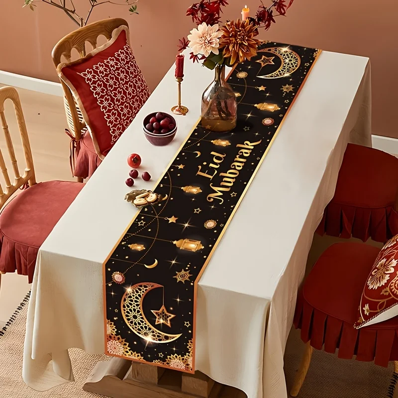 VIKAMA Black Gold Sparkling Powder Eid Mubarak Eid al Fitr Table Runner Luxury Style Muslim Festival Table Decoration