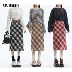 2023 inverno Vintage Plaid Print elegante maglia media gonne lunghe gonna Sexy Slim Fit a vita alta stile dolce Casual da donna