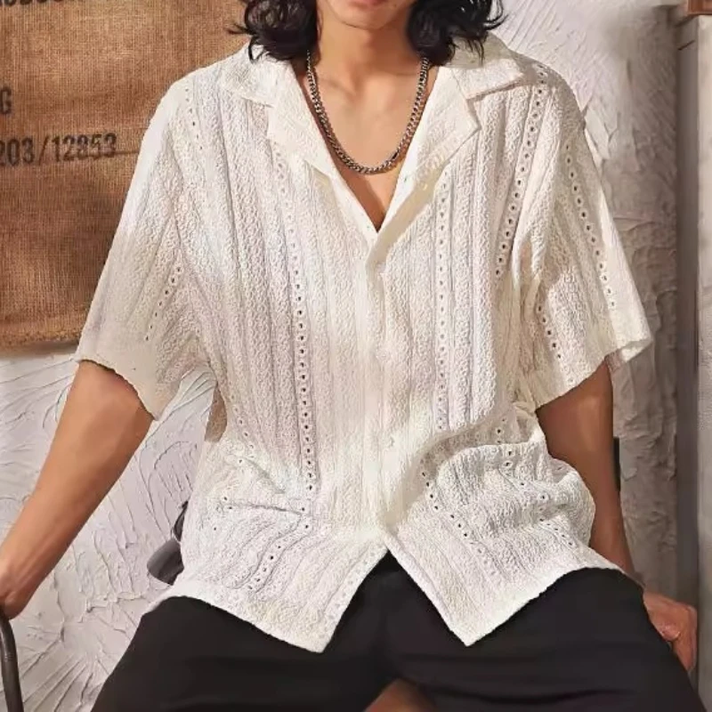 

High-end Hollow Cuban Collar Short-sleeved Shirt for Men 2026 Summer New Loose Casual Retro Half-sleeved Shirt for Men