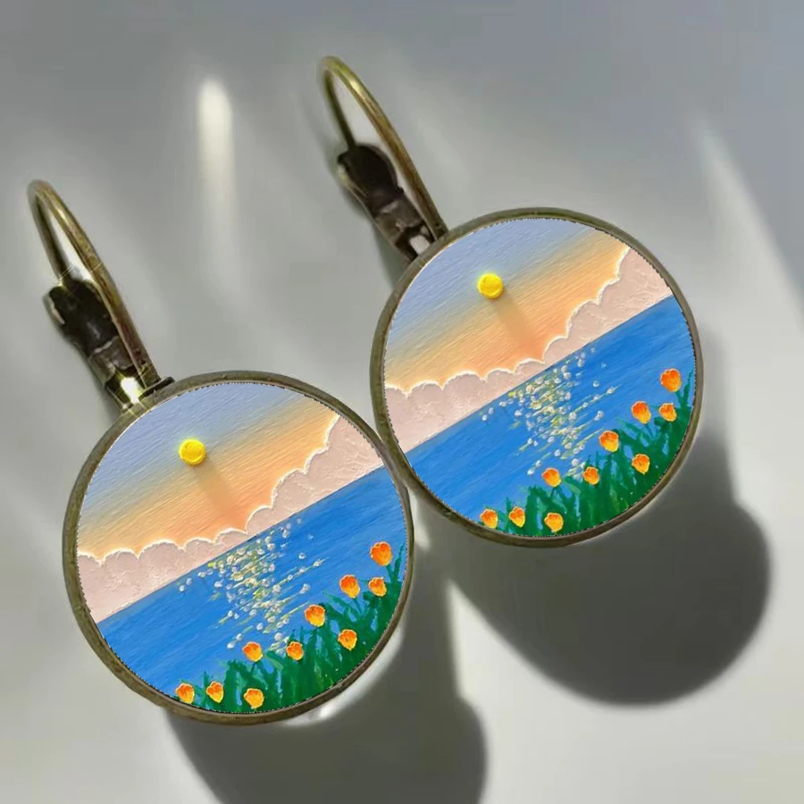 Oil Painting Stick Landscape Earrings Colorful Flower and Grass Clouds Oil Painting Glass Earrings Beautiful Gift for Girls