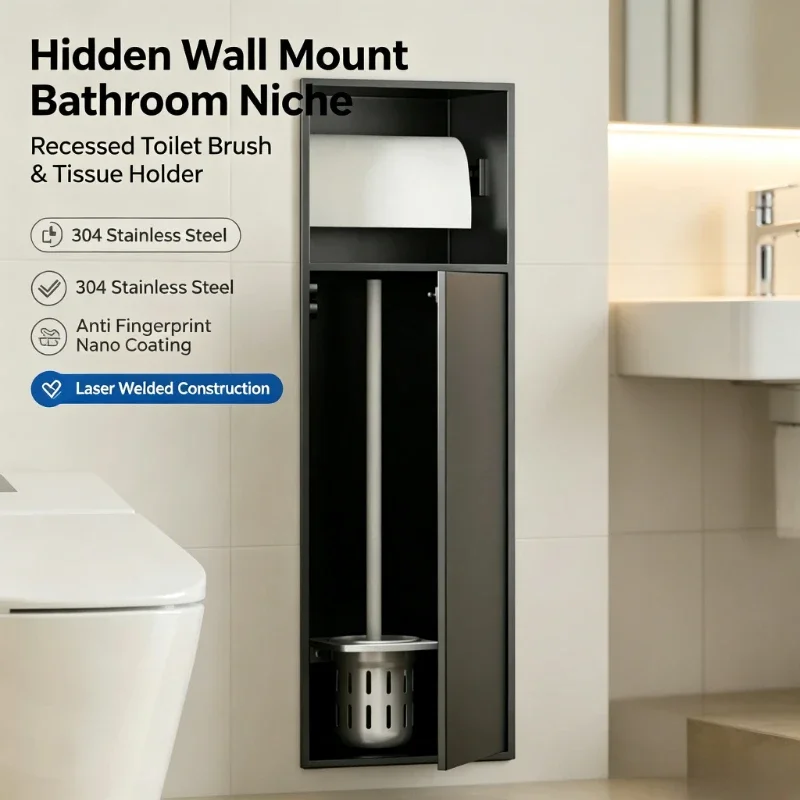 Laser Welded 304 Stainless Steel Recessed Toilet Brush & Tissue Holder Niche Hidden Wall Mount Anti Fingerprint Nano Coating