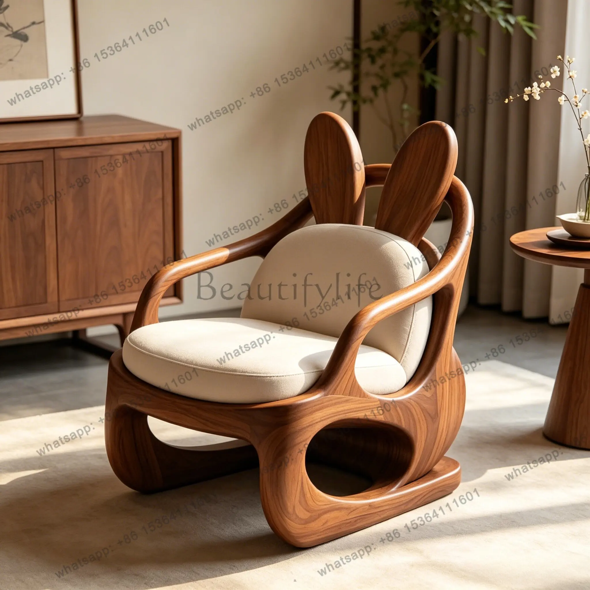 YJ new Chinese cute cartoon solid wood single sofa chair black walnut leisure chair modern and simple