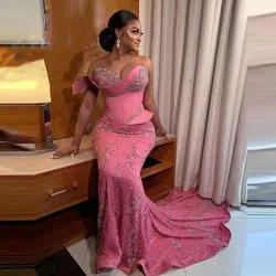 Evening Dress Aso Ebi Beaded Party Gowns Custom Made Pink Applique Crystals Mermaid Long Prom Dresses Robe De 2025 New