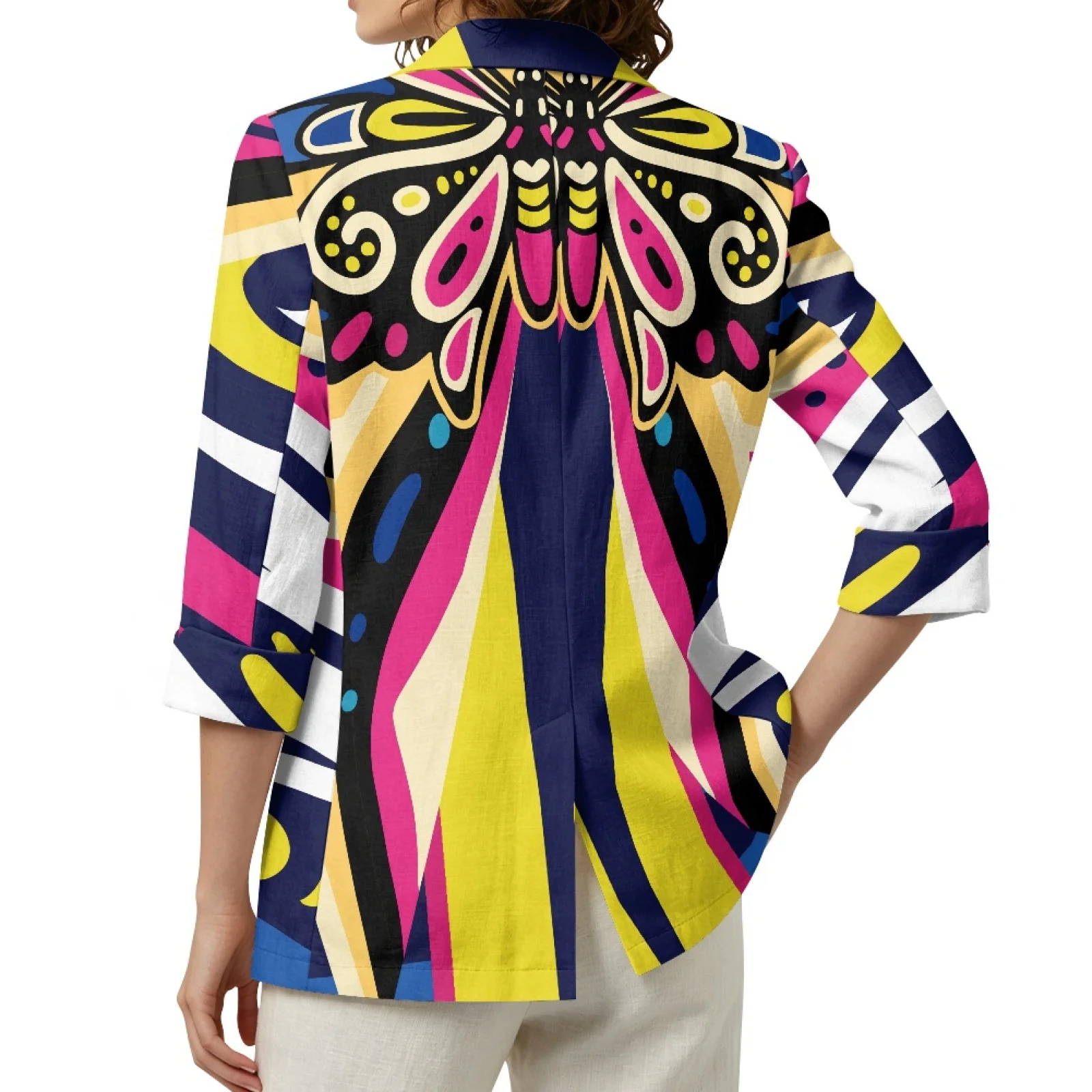 PENSTROLL Colorful Butterfly Pattern Linen Style Cardigan Cover Up Jacket Casual Cardigan Coat for Women Sizes S-3XL