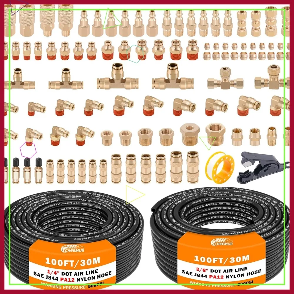 

100 PCS Brass DOT Air Line Fittings Kit with 100FT 1/4" & 100FT 3/8" Tubing Push Lock Quick Connect NPT Thread Pneumatic Tube
