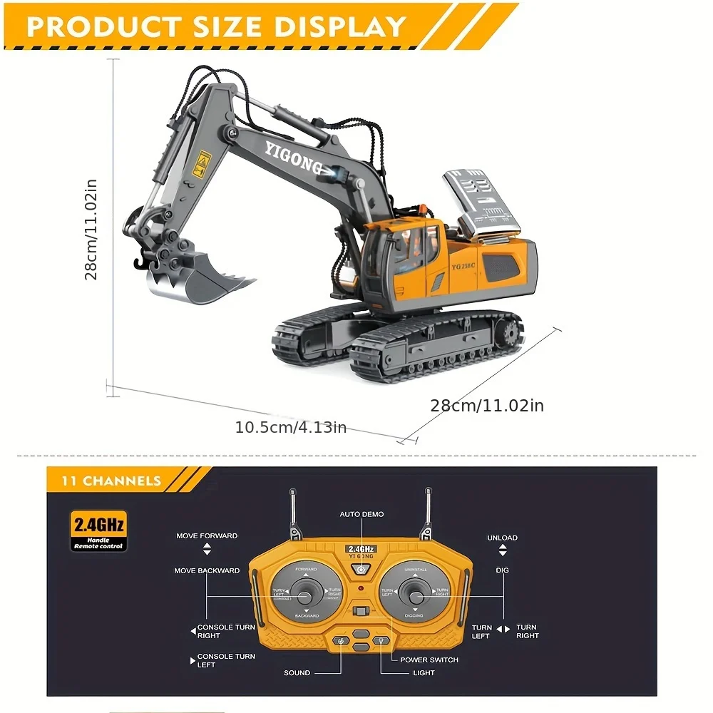 Remote-controlled excavator toy engineering vehicle, with metal bucket and light, 11-channel 2.4Ghz 680-degree rotation, holiday