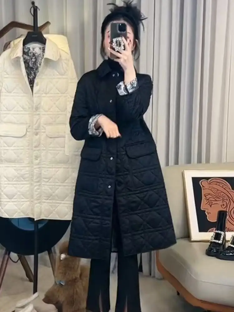 Trendy Black Quilted Cotton Jacket Korean Style Midi Length Rhombus Pattern Commute Friendly Long Sleeve  Collar Coat