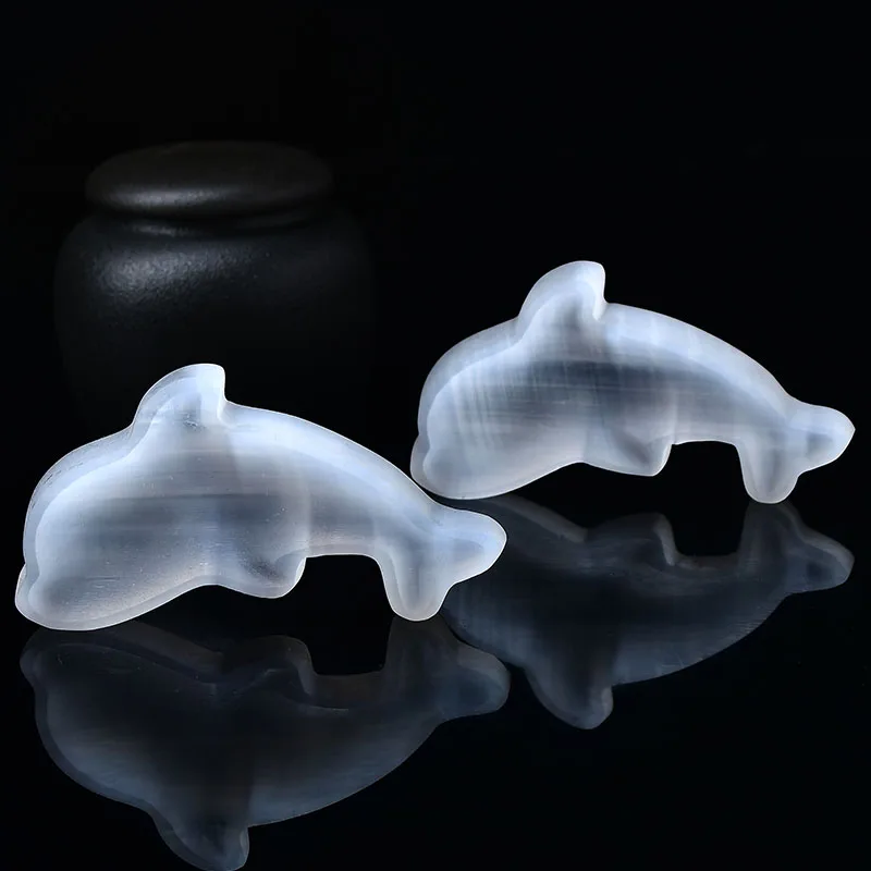 Dolphin Shaped Bowl Natural Selenium Crystal Chakra Healing Crystal Mineral Gypsum Polishing Disc Reiki Specimen Home Decorative